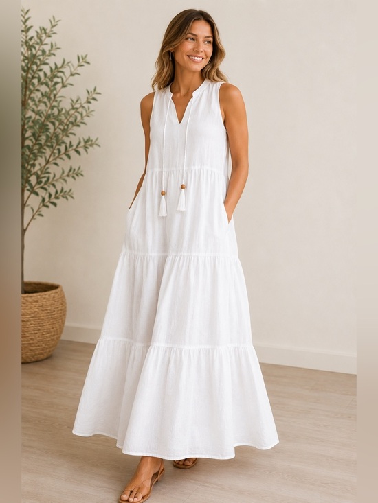 Magaschoni Dresses & Skirts - Magaschoni XS White 100% Linen Sleeveless Tiered Maxi Dress Pockets Boho
